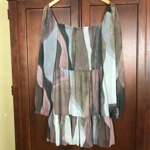 Aritzia Wilfred Tempest Camo Smock Peasant Chiffon Mini Dress Size 1X